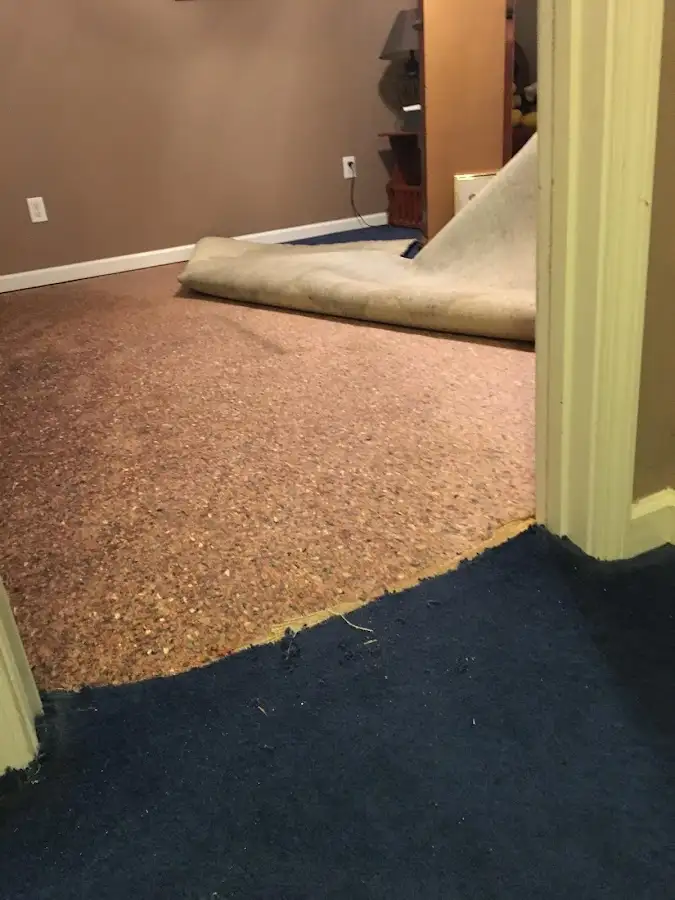 Carpet pad removal revealing water damage during Water Mitigation Services in Grand Ledge